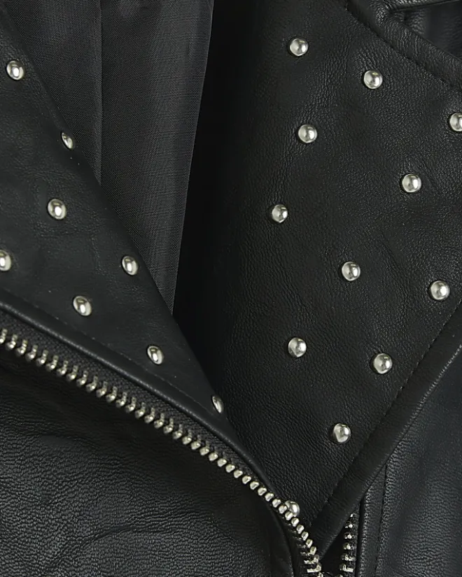 River Island Girls studded faux leather biker jacket Black Hot