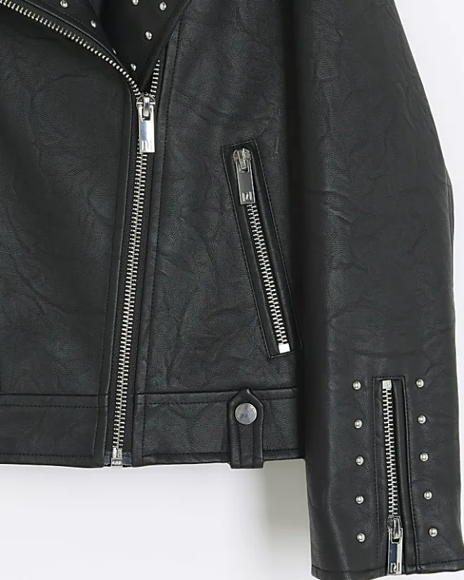 River Island Girls studded faux leather biker jacket Black Hot