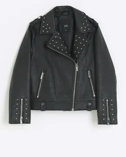 River Island Girls studded faux leather biker jacket Black Hot