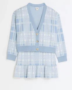 River Island Girls check knit cardigan and skirt set Blue Clearance