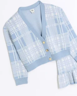 River Island Girls check knit cardigan and skirt set Blue Clearance