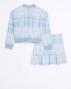 River Island Girls check knit cardigan and skirt set Blue Clearance