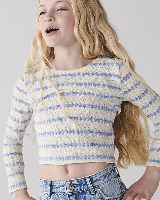 River Island Girls crochet 2 in 1 long sleeve top Blue Sale
