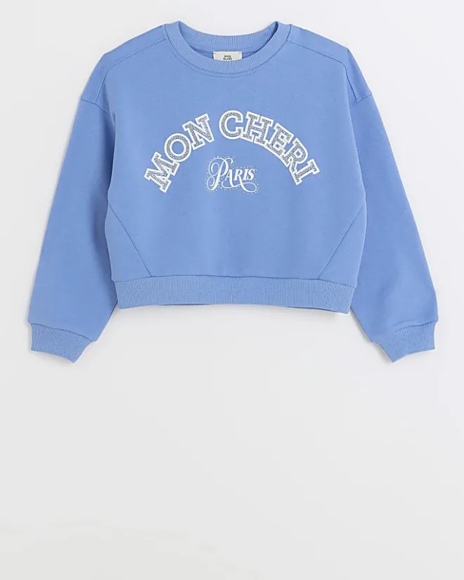 River Island Girls diamante graphic sweatshirt Blue Discount