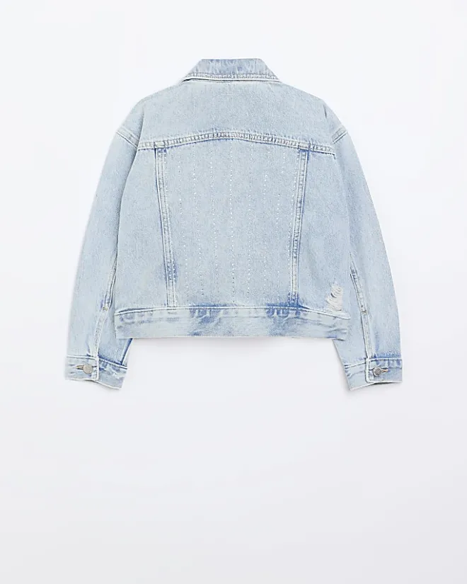 River Island Girls diamante studded denim jacket Blue Outlet