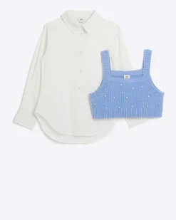 River Island Girls Embellished Knit Top and Shirt Set Blue Online