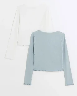 River Island Girls lettuce hem long sleeve top 2 pack Blue Sale