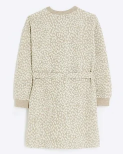River Island Girls brown animal jacquard belted dress Grey Clearance