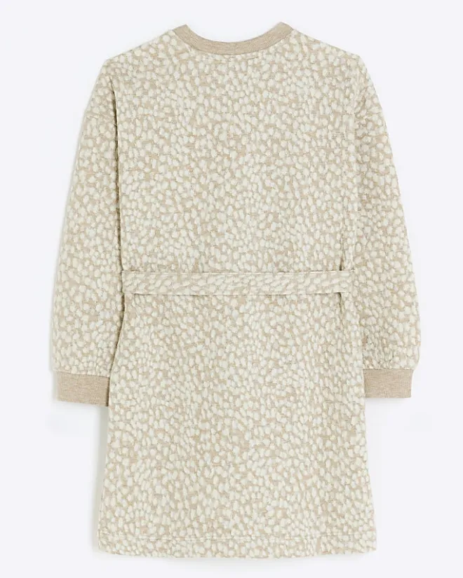 River Island Girls brown animal jacquard belted dress Grey Clearance