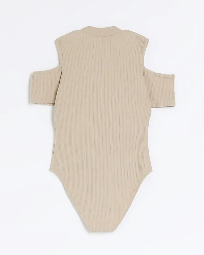 River Island Girls ribbed military button bodysuit Brown New
