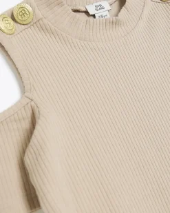 River Island Girls ribbed military button bodysuit Brown New