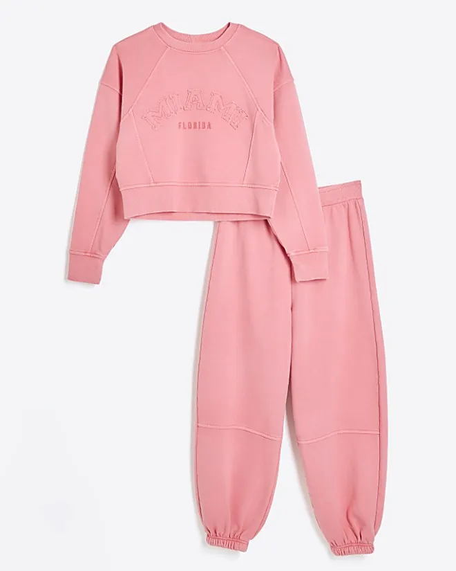 River Island Girls coral sweatshirt and joggers set Orange Clearance