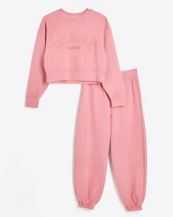 River Island Girls coral sweatshirt and joggers set Orange Clearance