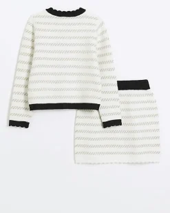 River Island Girls boucle stripe cardigan set Cream Sale