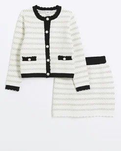 River Island Girls boucle stripe cardigan set Cream Sale