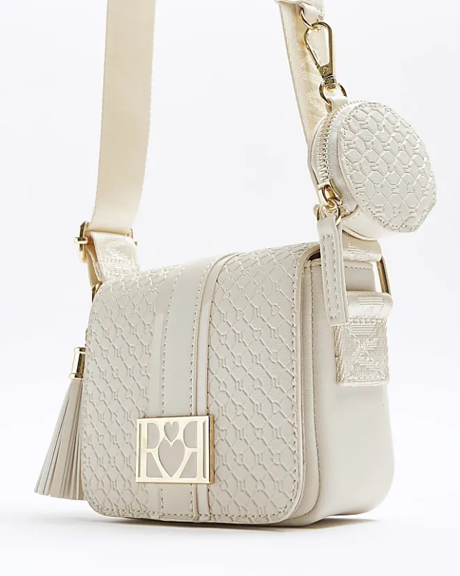 River Island Girls embossed monogram cross body bag Cream Discount