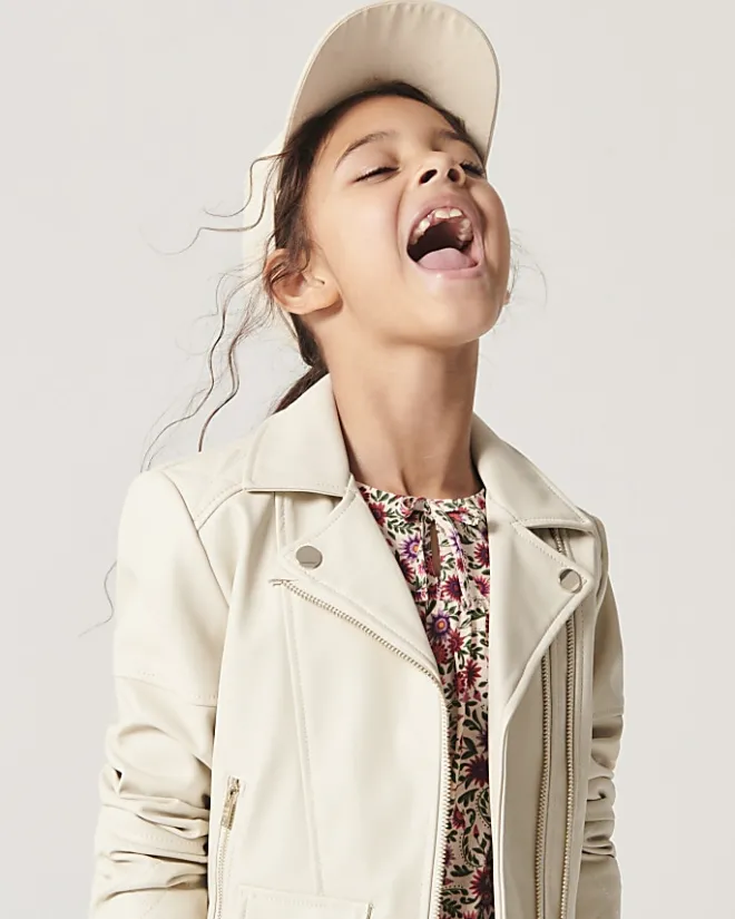 River Island Girls faux leather biker jacket Cream Online