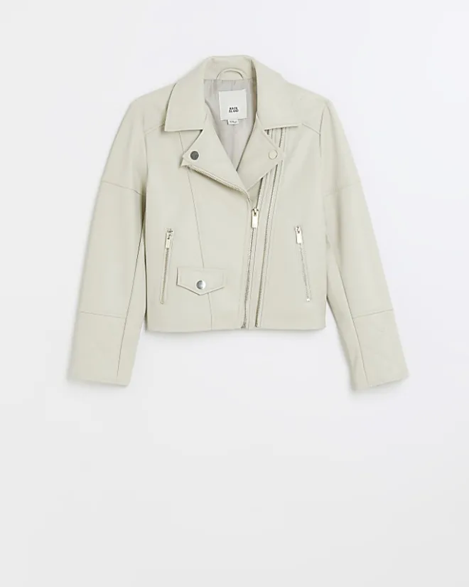 River Island Girls faux leather biker jacket Cream Online