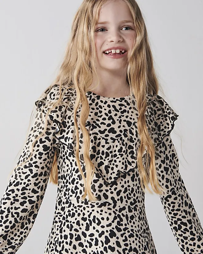 River Island Girls leopard print frill dress Cream Clearance
