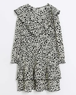 River Island Girls leopard print frill dress Cream Clearance