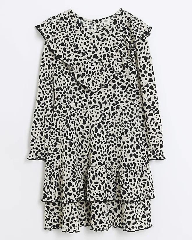River Island Girls leopard print frill dress Cream Clearance