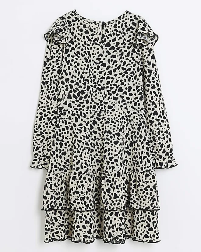 River Island Girls leopard print frill dress Cream Clearance