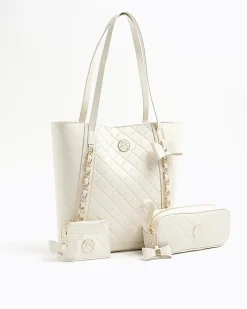 River Island Girls quilted bow shopper bag bundle Cream Online