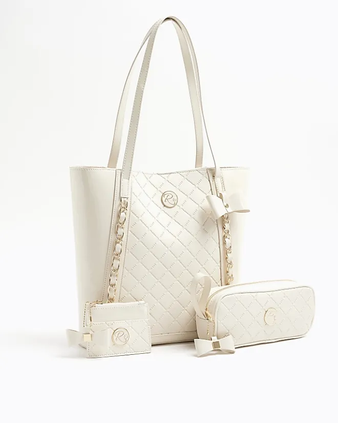 River Island Girls quilted bow shopper bag bundle Cream Online