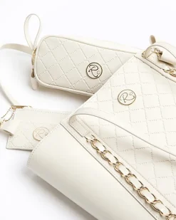 River Island Girls quilted bow shopper bag bundle Cream Online
