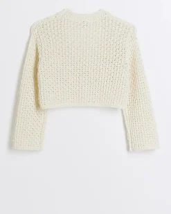 River Island Girls ecru crochet crop cardigan Cream Sale