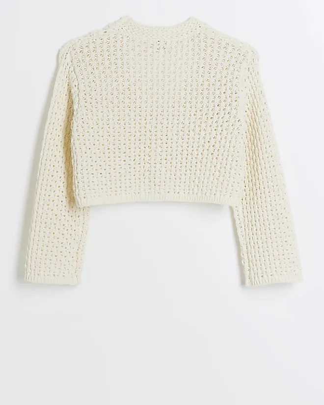 River Island Girls ecru crochet crop cardigan Cream Sale