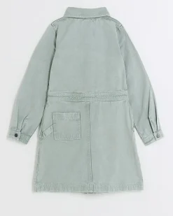 River Island Girls denim button up shirt dress Green New