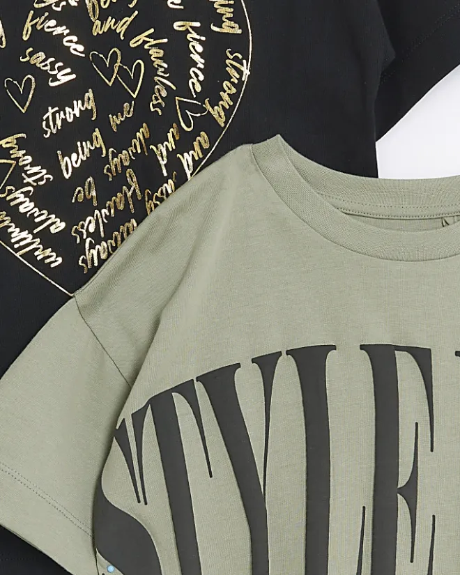 River Island Girls Graphic T-shirt 2 Pack Green Clearance