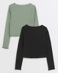 River Island Girls green lettuce hem top 2 pack Black Best