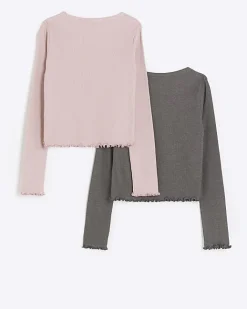River Island Girls lettuce hem long sleeve top 2 pack Grey Fashion