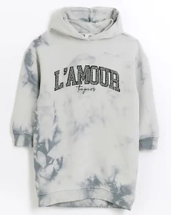 River Island Girls tie dye hooded sweater dress Grey New