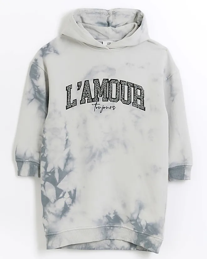 River Island Girls tie dye hooded sweater dress Grey New