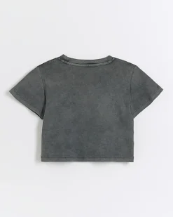 River Island Girls washed graphic crop t-shirt Grey Clearance