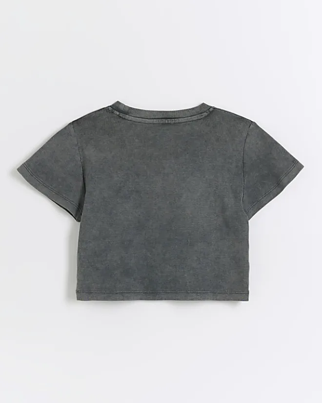 River Island Girls washed graphic crop t-shirt Grey Clearance