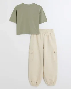 River Island Girls crop t-shirt and joggers set Khaki Fashion