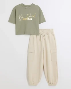 River Island Girls crop t-shirt and joggers set Khaki Fashion