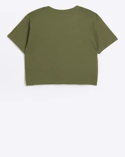 River Island Girls embellished crop t-shirt Khaki Outlet