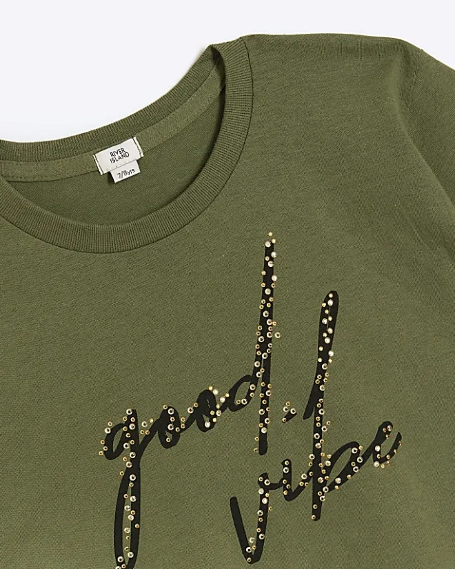 River Island Girls embellished crop t-shirt Khaki Outlet