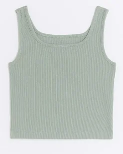 River Island Girls rib embroidered logo crop vest Khaki Discount