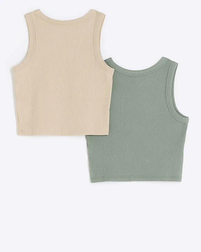 River Island Girls ribbed tank tops 2 pack Khaki Clearance