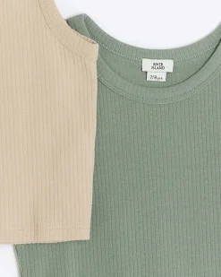 River Island Girls ribbed tank tops 2 pack Khaki Clearance