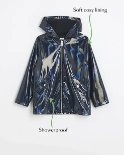 River Island Girls navy hooded zip up rain coat Blue New