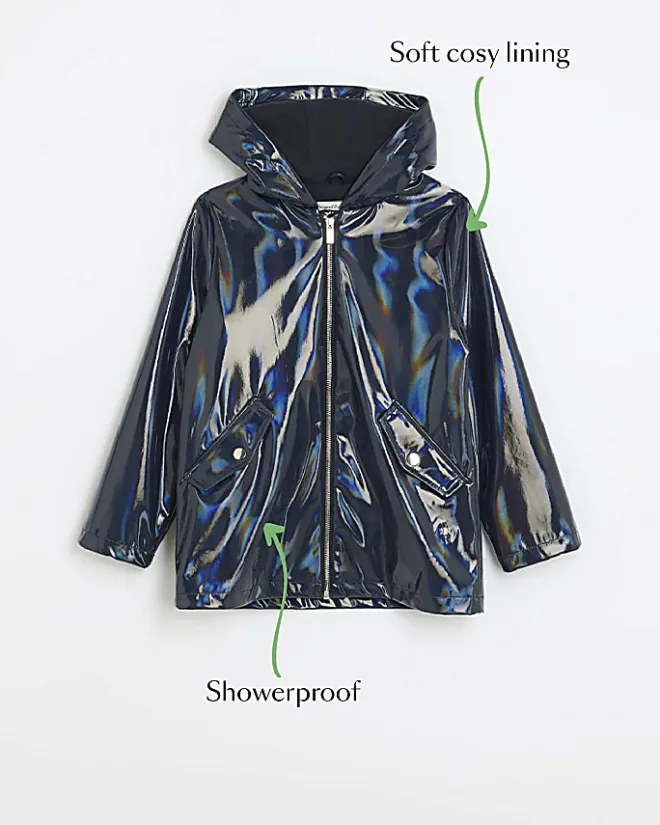 River Island Girls navy hooded zip up rain coat Blue New