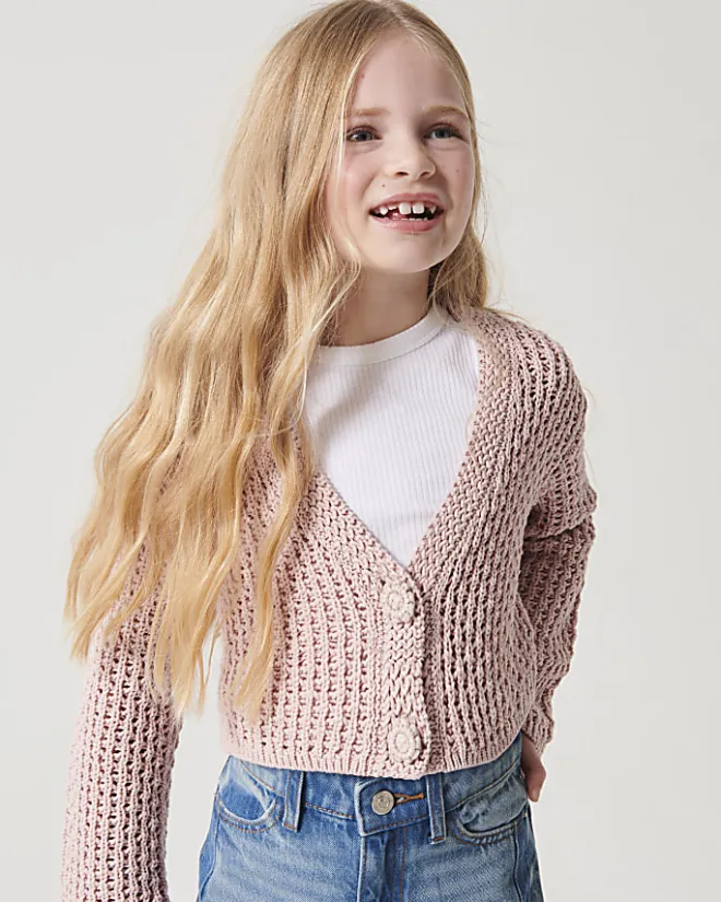 River Island Girls crochet crop cardigan Pink Sale