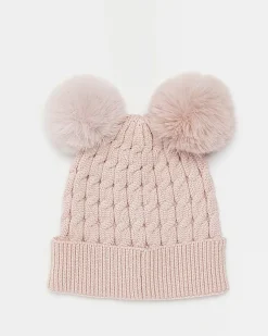 River Island Girls Double Pom Pom Beanie hat Pink New